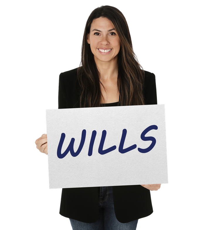 Hera Law Group wills attorney holding a WILLS sign